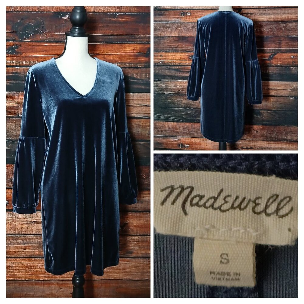 Madewell Shift Dress S Blue Velvet Balloon Sleeve